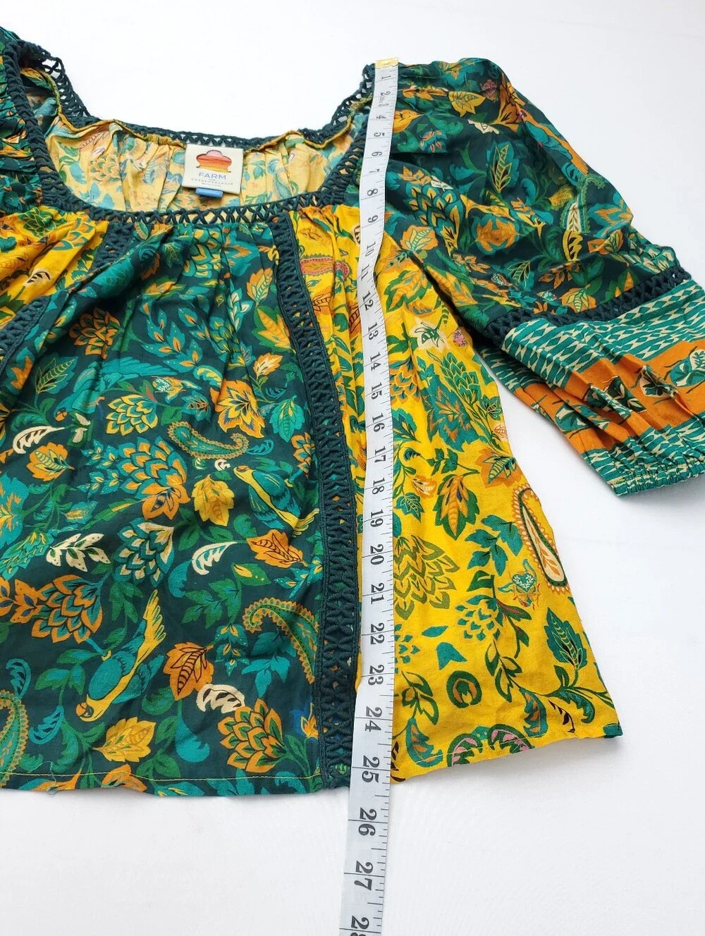 Farm Rio x Anthropologie Lace Inset Peasant Blouse Puff Sleeve Cotton Top Sz XS